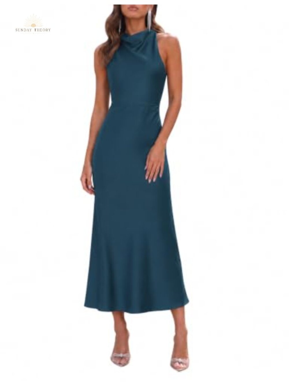 Satin High Neck Backless Sleeveless Cocktail Midi Dress